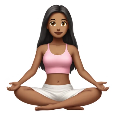 A girl with white skin tone, brown eyes and black long hair,  is sitting in a lotus position in a pink bra top and short white skirts sticker