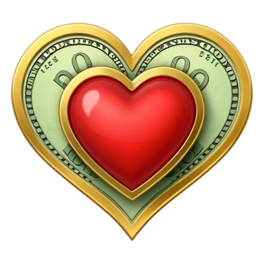 "Realistic HD heart fully merged with money, red glossy heart seamlessly fused with cash textures and gold tones, glowing dramatic light, symbolizing love and wealth becoming one, white background." sticker