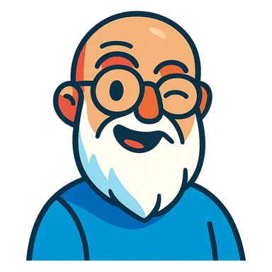 vibrant toon style of a bald man with glasses, long white beard, winking sticker
