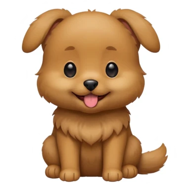 Cute small brown fluffy dog emoji icon. Round face, short muzzle, light brown fur with slightly darker ears, small black nose, happy smiling expression with tongue out. Soft friendly eyes, sitting pose with front paws together. Simple clean vector style, minimal details, kawaii style. sticker