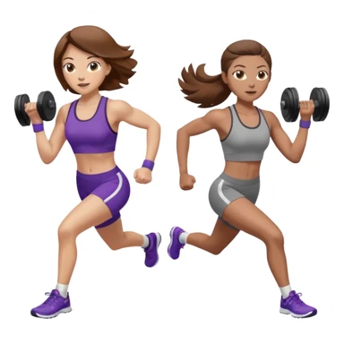 two women. only one is running. the other is only lifting weights. brown hair, light skin, hazel eyes. sticker