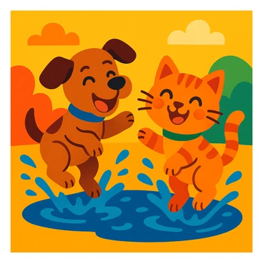 two cute animals splashing in a puddle, playful, vibrant colors sticker