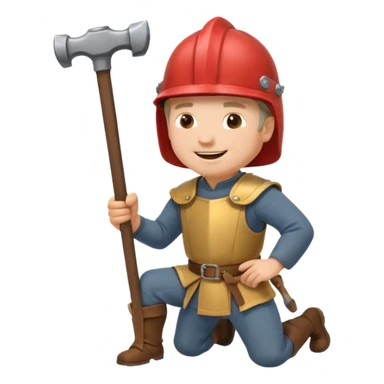 a happy medieval white man with a helmet kneeling and knocking with a hammer sticker