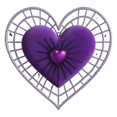 3D emoji gothic heart, deep violet velvet, silver spiderweb overlay, black lace trim, moody and elegant sticker
