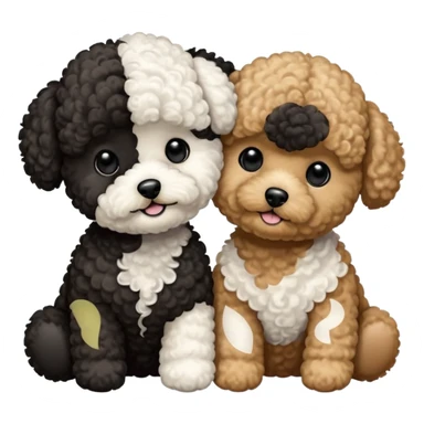 Two small, fluffy dogs with a toy poodle / bichon-like appearance, both with round faces, black button eyes, and short snouts. Their fur is bright white, tightly curled, and freshly groomed, styled in a plush, teddy-bear cut. sticker