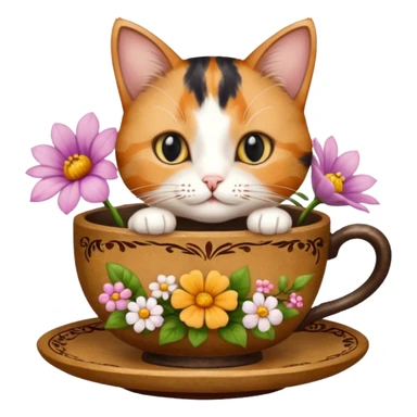 Cat in a tea cup with flowers and books sticker