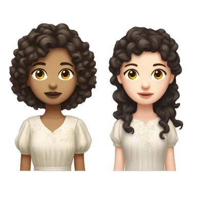 girl front profile with white pale skin, with dark brown eyes, with dark brown long curly hair mullet shag, with a white flowery dress sticker