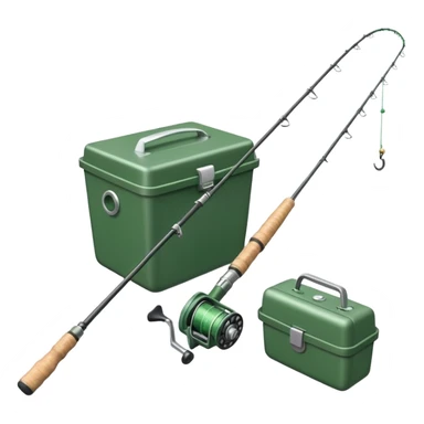 A fishing rod with reel and line neatly coiled beside a bait box.

 sticker