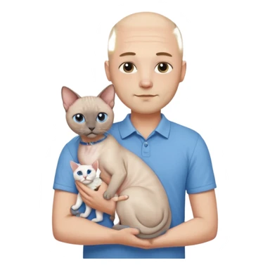 A couple a man and a woman. The man  is bald with a tiny beard and wearing a blue shirt, is holding a Siamese cat in his arms. The woman, who has light hair and is wearing a white dress, is holding a white Sphynx cat in her arms sticker