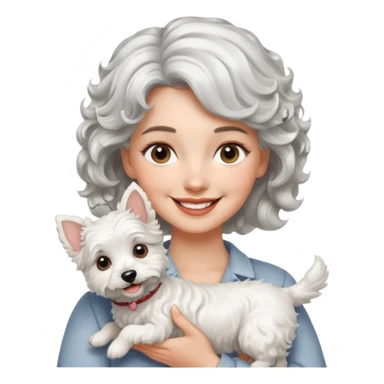 silver, short, wavy-haired with loose curls, smiling pretty lady holding a westie dog sticker