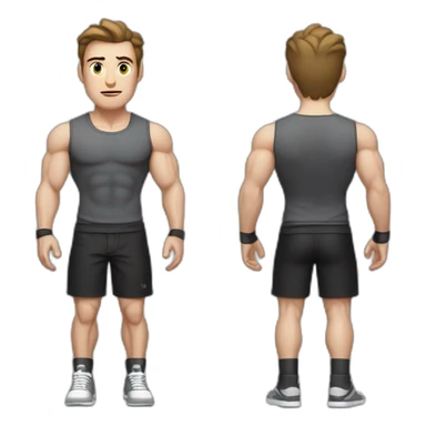 Confused Pale skinned Fit Man With the biceps and dark brown hair in black shirt, gray sports shorts and white Sneakers sticker
