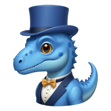 A flat blue dinosaur like 🦕 with monocle and tophat sticker