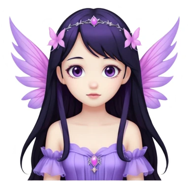 Gothic anime fairy with long beautiful black hair and violet dress, pastelcore, sticker