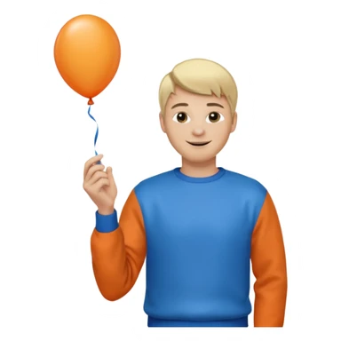 white skin, blonde hair man, orange sweater, hold blue balloon sticker