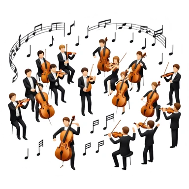 Icon for Classical Music: symphonic orchestra with musicians playing violins, cellos, and flutes, led by a conductor with a baton. Musical notes float around, capturing the elegance and harmony of classical music. Transparent background. sticker