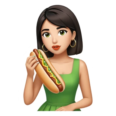 Create a picture of Dua Lipa in this green dress eating hot dogs sticker