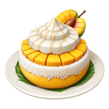 Mango Sticky Rice Cinematic Realistic Mango Sticky Rice Dessert Emoji, depicted as sticky rice drizzled with coconut milk topped with a layer of coconut cream, accompanied by sliced mango on the side of the plate, rendered with vivid textures and warm, tropical lighting. sticker