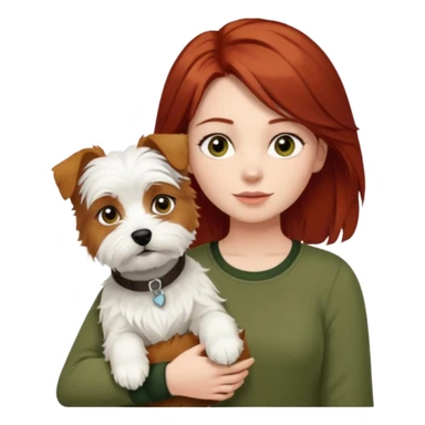 Westhighland white terrier dog being held by woman with dark shoulder length red hair and hazel eye wearing olive green top sticker