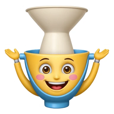 Crazy laughing emoji on upside-down kitchen funnel on its head (not a hat), wide smile, big eyes, cartoon emoji style, bright colors. sticker