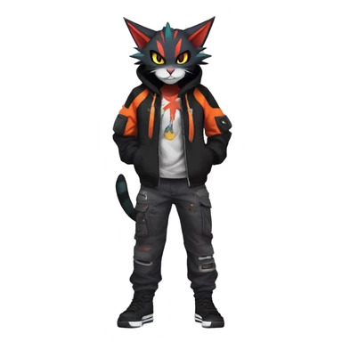 Cool Anthro Noivern-Litten-Feline-Pokémon with edgy stripes hoodie spiked collar punk techwear Cargo Pants Full Body sticker