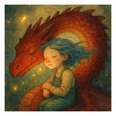 A dreamy, ethereal illustration of a young girl peacefully sleeping on the long, curved neck of a red dragon, cheek to cheek. Her blue hair flows gently as if caught in a soft breeze, and she wears delicate green overalls. The dragon’s skin has intricate, painterly textures, glowing subtly under the warm, golden light. Tiny fireflies and soft, ambient light enhance the magical atmosphere. Highly detailed, whimsical, children's book illustration style, with soft yet rich colors, gentle lighting, and a fantasy storytelling feel. Watercolor-like textures, hand-painted aesthetics, cinematic composition. sticker