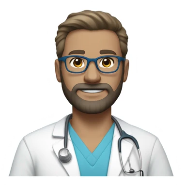 male dark blond haired doctor in scrub cap with grey van dyke beard with hazel eyes and small wire-rimmed glasses in blue scrubs holding a large paintbrush sticker