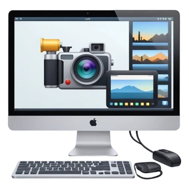 Create an emoji for video editing. Show a computer screen with a video timeline, clips, and editing tools (e.g., scissors). Add a video camera. Use modern, professional colors. Do not include any emojis or smiley faces. Make the background transparent sticker