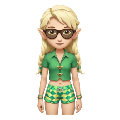 elf female legolas portrait, patterned board shorts (geometric/abstract), unique wooden-framed sunglasses, undercut hairstyle, slight smirk, visible pointy ears, no background, centered emoji, hipster summer vibe sticker