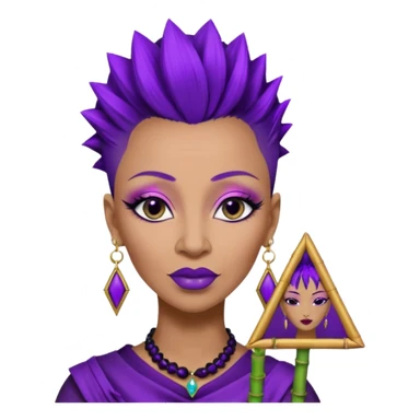 57 years young,  Black queen with a  mohawk hairstyle, purple lipstick,  purple eyeshadow,  droopy looking  eyes, bamboo triangle earrings with the name Draya personalized on them.  sticker
