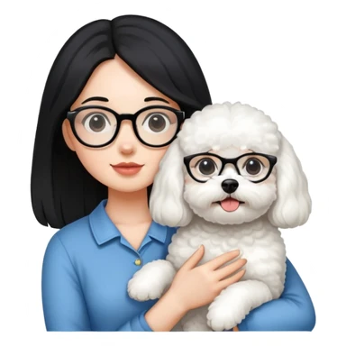 Girl with long black hair and glasses holding a white Bichon Frise dog sticker