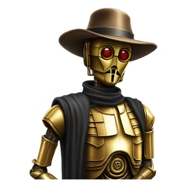 Old dirty west Bounty hunter C3po wearing small hat relaxed pose sticker