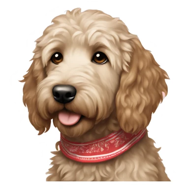 Cream colored dark brown Goldendoodle wearing a bandana sticker