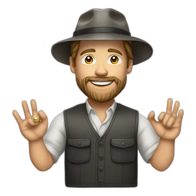 small businessman,Bucket Hat,smile, Brad Pitt, rings on his fingers, beard, vest, realistic sticker