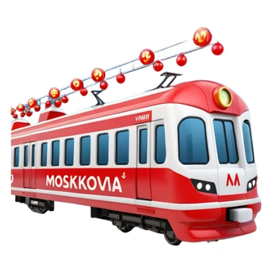 Apple iOS style 3D emoji of a
Moscow Metro train (modern
"Moskva-2020" model) decorated for
New Year. The train has a large red Santa hat on its front and is wrapped in glowing LED garlands. A bright iconic red letter
"M" logo is positioned next to it. Smooth glossy plastic, soft 3D render,  sticker