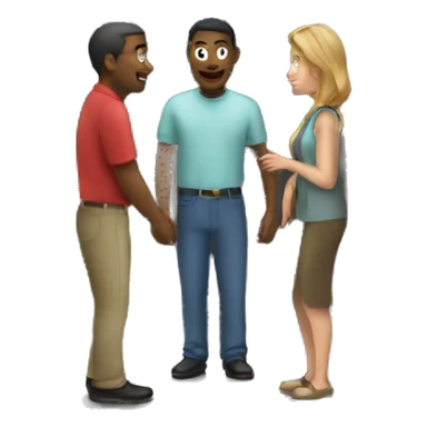 Two people speaking to a person in a doorway sticker