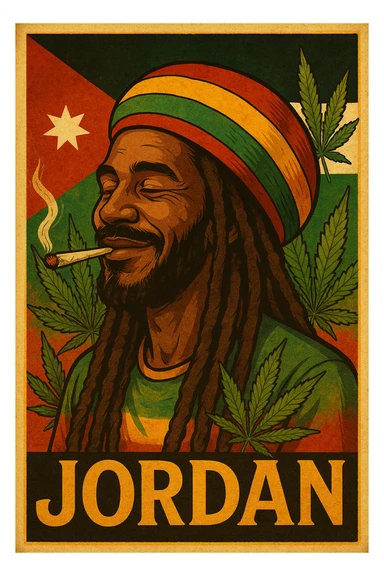 A digital vintage-style poster illustration of a Jordanian Rasta man with dreadlocks, wearing a red, yellow, green striped tam hat. He is smiling peacefully with a lit herbal spliff in his mouth. The background features the official Jordan flag — black, white, green horizontal stripes with a red triangle and a white 7-point star — accurately displayed behind him. Cannabis leaves are tastefully arranged around the composition, and the poster includes Rasta color textures blended with the Jordanian palette. Use a retro poster style with warm, slightly aged textures, bold outlines, and soft shading to evoke a soulful reggae vibe that honors both Jordanian pride and Rasta spirit. The mood is chill, powerful, and respectful sticker