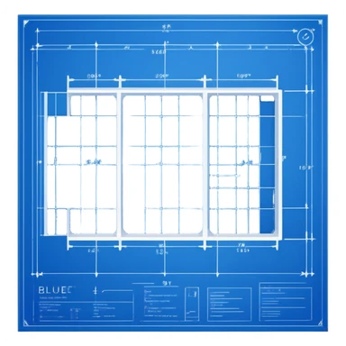 blue blueprint plan with white lines, perspective view showing both side and top sticker