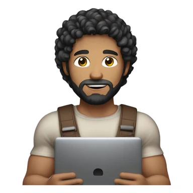 men holding his computer in hands. light brown skin men with curly black hair, dark brown eyes, little grown beard. just a tiny bit muscular. dressed casual. round face. sticker