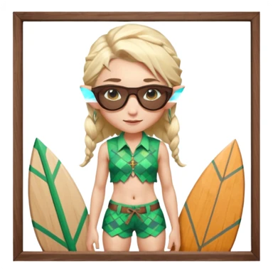 elf female legolas portrait, patterned board shorts (geometric/abstract), unique wooden-framed sunglasses, undercut hairstyle, slight smirk, visible pointy ears, no background, centered emoji, hipster summer vibe coctails  sticker