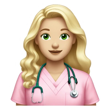pale blonde girl with long wavy hair and green eyes wearing pink scrubs and stethoscope  sticker