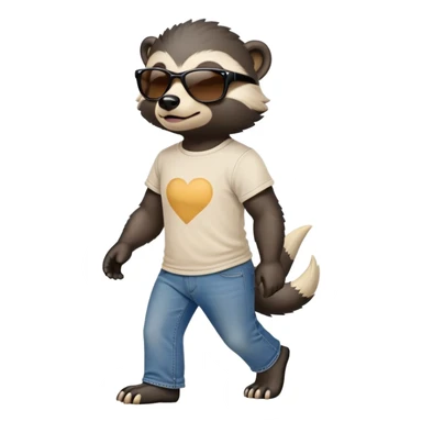friendly anthropomorphised honey badger in jeans and a t-shirt, wearing sunglasses, walking upright, relaxed pose sticker