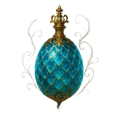luxurious crystal elixir bottle in an oval shape resembling a dragon egg, with magical scale patterns on the surface, lots of glowing, edges, ornaments, golden details, magical effects, very small golden neck, transparent background, beautiful merging bottom, clearly floating in the air, no base or shadow, premium class impression, magical and mysterious design fitting a collection of crystal, luxurious, magical bottles sticker