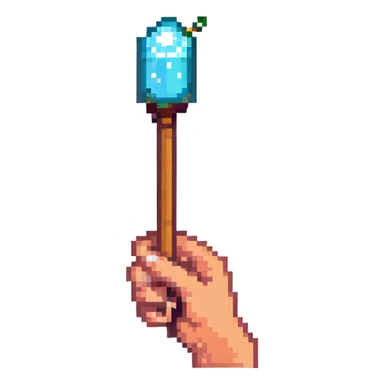 a magic wand and a hand, pixel art style sticker