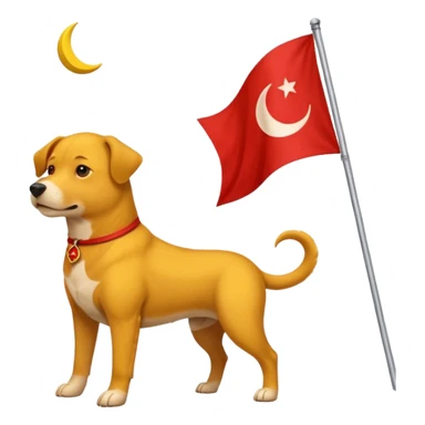 A triangular yellow flag and middle of that flag a red crescent moon within that a Red dog sticker