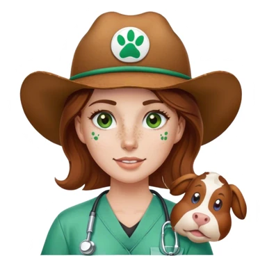 Pale Woman with brown hair and green eyes and freckles on her cheek bones wearing scrubs that have a paw print logo on only the scrubs  and a cow girl hat sticker
