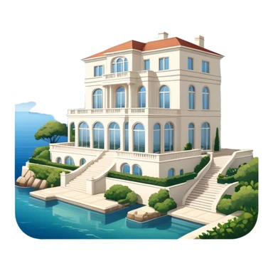 A mansion by the sea, with large windows, a spacious terrace overlooking the water, and a traditional or modern architectural style. The house is typically white or light-colored, with a luxurious and elegant design. Surrounded by beautiful greenery and a calm, scenic view of the coastline sticker