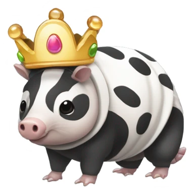 Black and white piebald chubby round armadillo pig panda centipede armadillo wearing a crown sticker