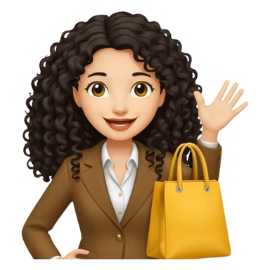 medium deep tan brown business woman with long black curly hair, waving hand with happy face with smile mouth and carrying bag on her shoulder and the other hand holding yellow tumblr sticker