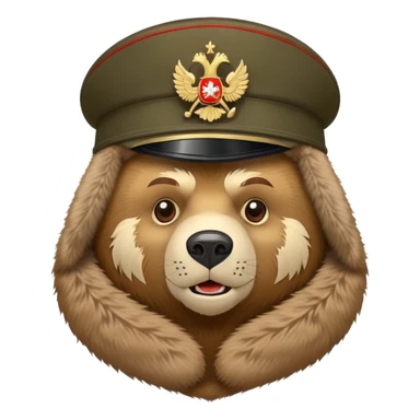 Cartoon Russian bear head wearing military style ushanka hat with Russian emblem, iOS emoji style sticker