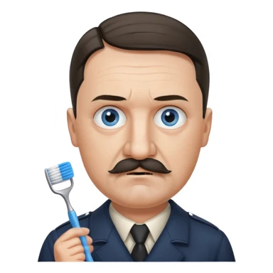 Adolf Hitler had an oval face with fair skin. His eyes were blue and his eyebrows were dark and somewhat bushy. Above his upper lip he wore a small, brush-like mustache, known as a "toothbrush moustache". His sticker